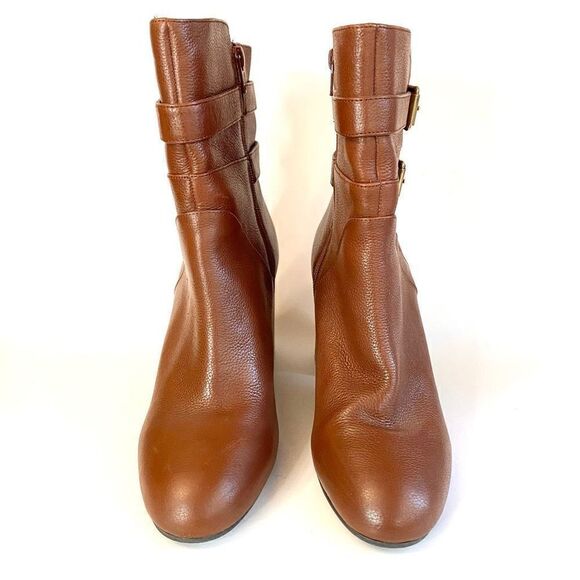 Nine West Nogettuff Ankle Boots Heels Leather Buckle Zip Closure Brown Camel 10 - Picture 3 of 11